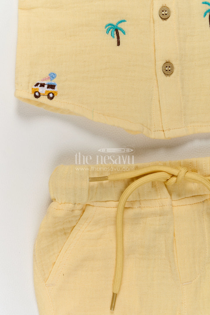 Boys Muslin Cotton Shirt Trouser Set in Ivory with Sunshine Embroidery