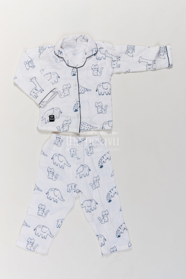 Kids White Muslin Cotton Night Suit with Playful Animal Outline Print