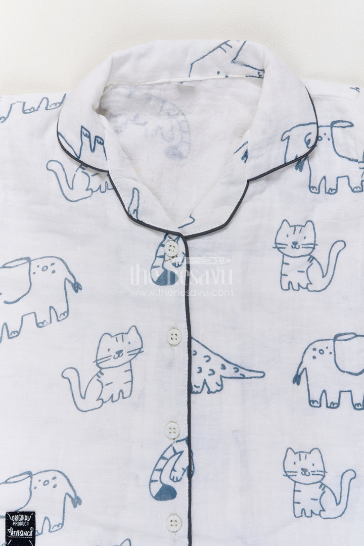 Kids White Muslin Cotton Night Suit with Playful Animal Outline Print