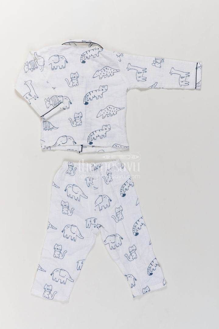 Kids White Muslin Cotton Night Suit with Playful Animal Outline Print