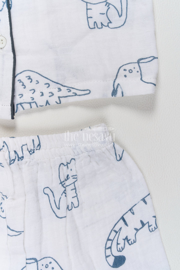 Kids White Muslin Cotton Night Suit with Playful Animal Outline Print