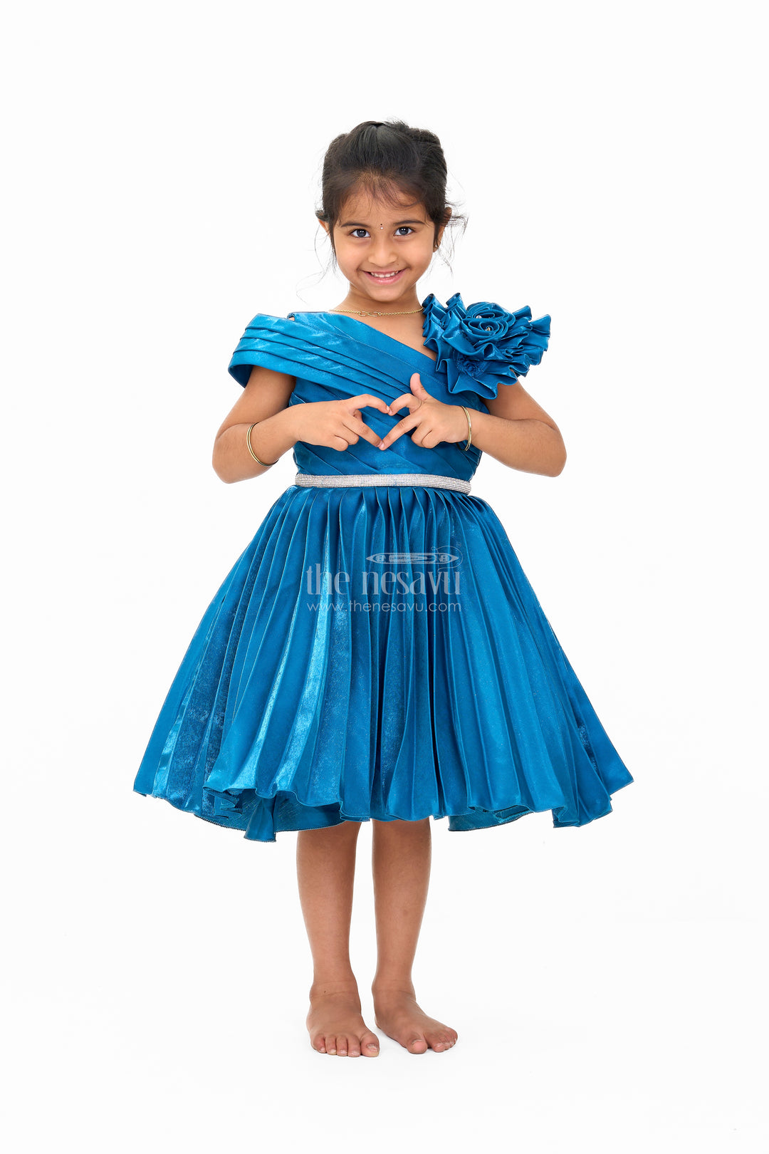 Teal Blue Glaze Organza Asymmetrical Party Frock with Stone Belt Embellishment for Girls