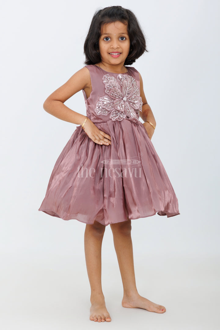Girls Party Wear Pink Organza Frock with Embellished Bodice and Flared Skirt in Elegant party wear pink frock Look