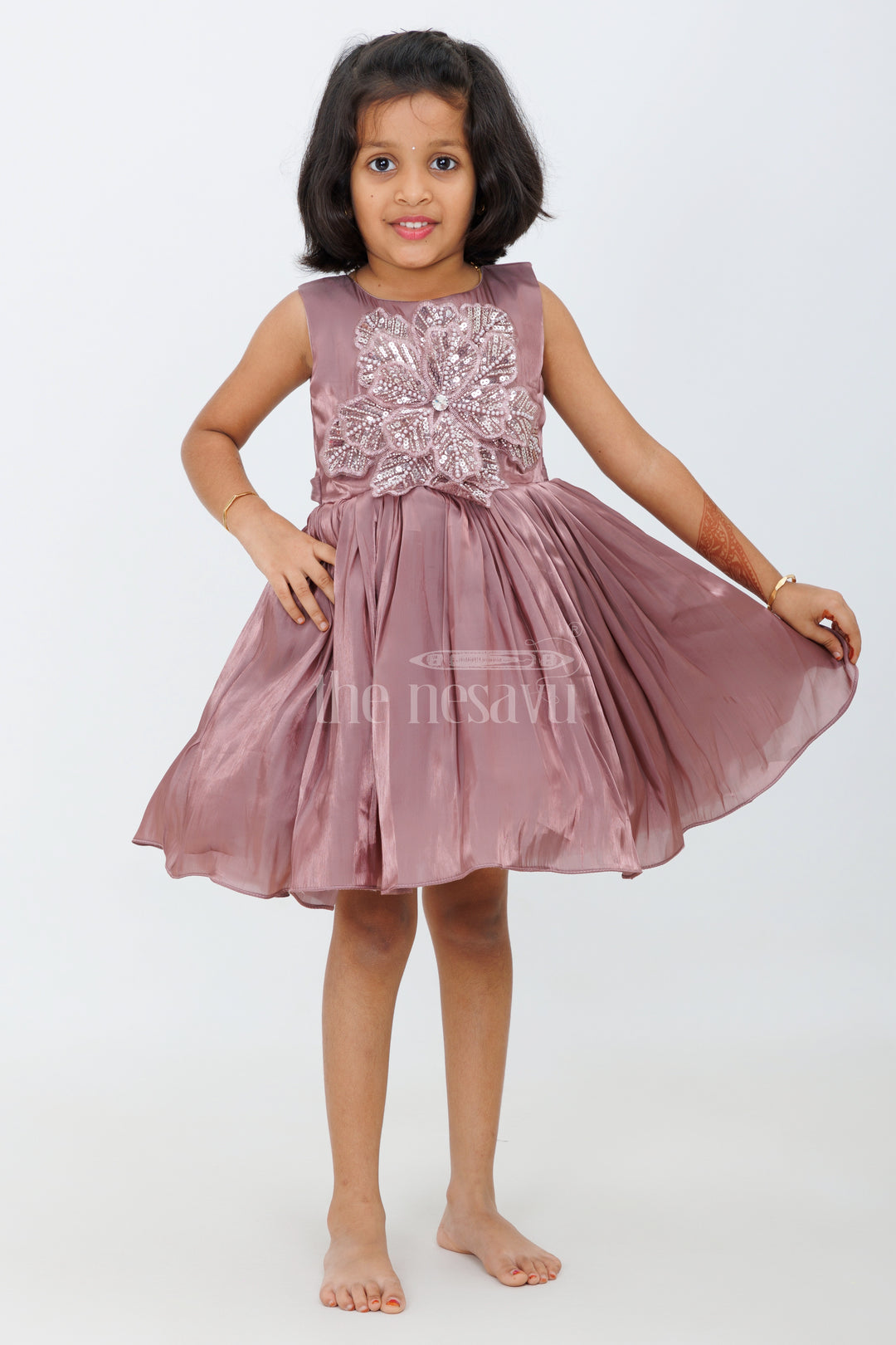 Girls Party Wear Pink Organza Frock with Embellished Bodice and Flared Skirt in Elegant party wear pink frock Look