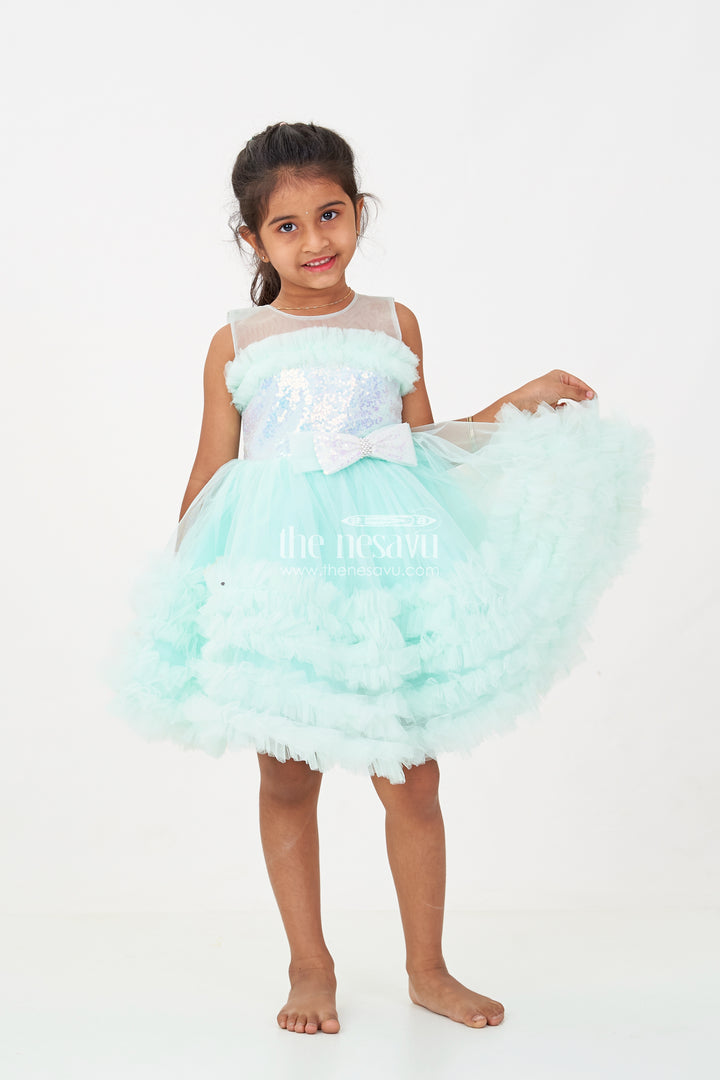 Elegant Green Net Dinner Dress for Girls with Ruffles and a Sequin Bow