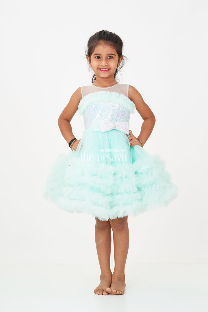 Elegant Green Net Dinner Dress for Girls with Ruffles and a Sequin Bow
