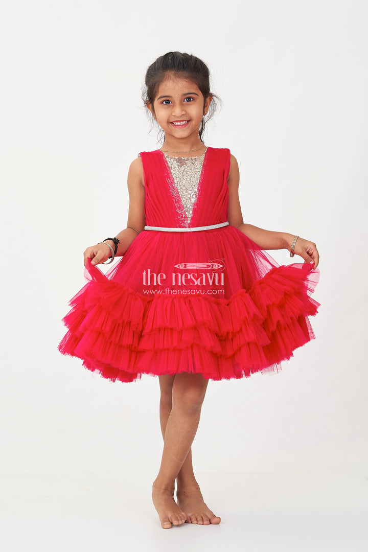 Charming Maroon Red Net Party Dress for Girls with Embellished Waist