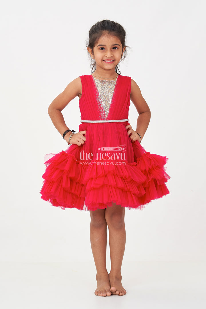 Charming Maroon Red Net Party Dress for Girls with Embellished Waist