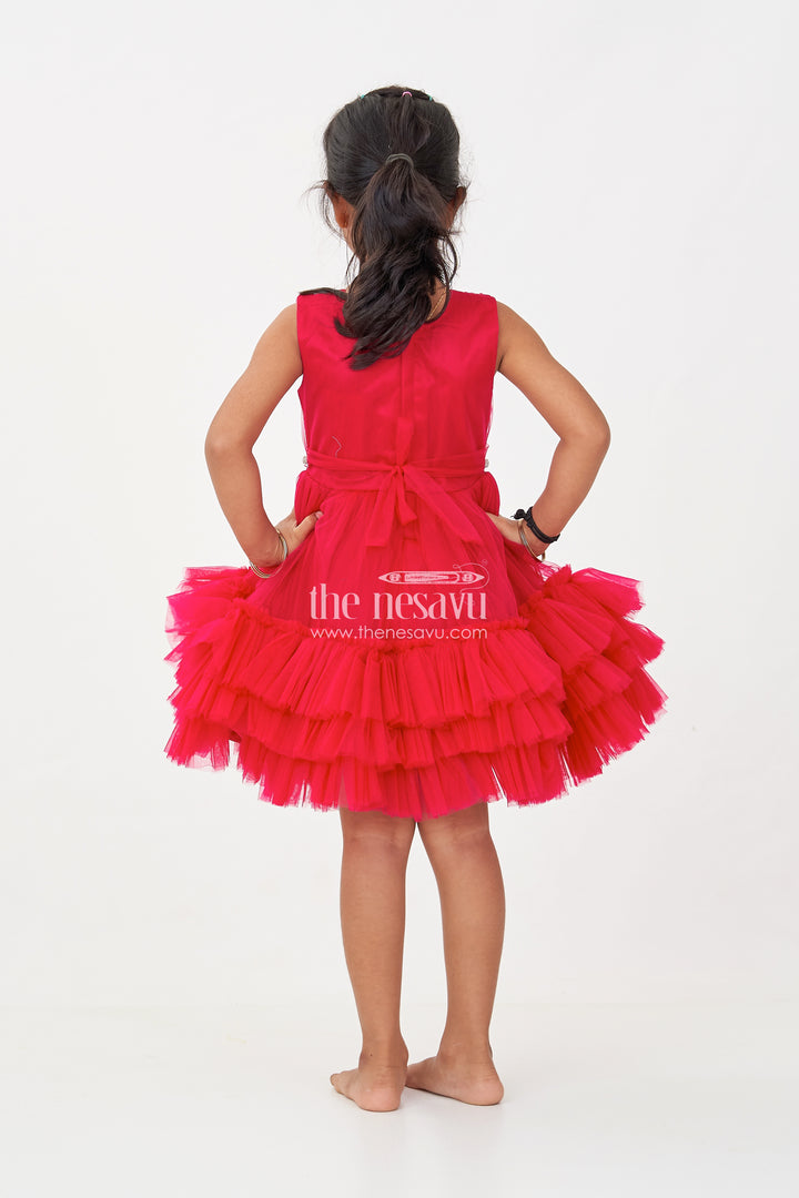 Charming Maroon Red Net Party Dress for Girls with Embellished Waist