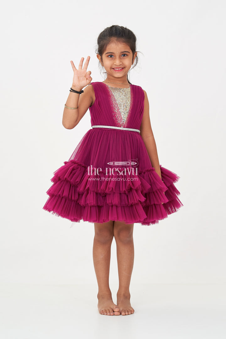 Girls Elegant Purple Cocktail Party Dress with Ruffled Layers and Sequin Embellishments