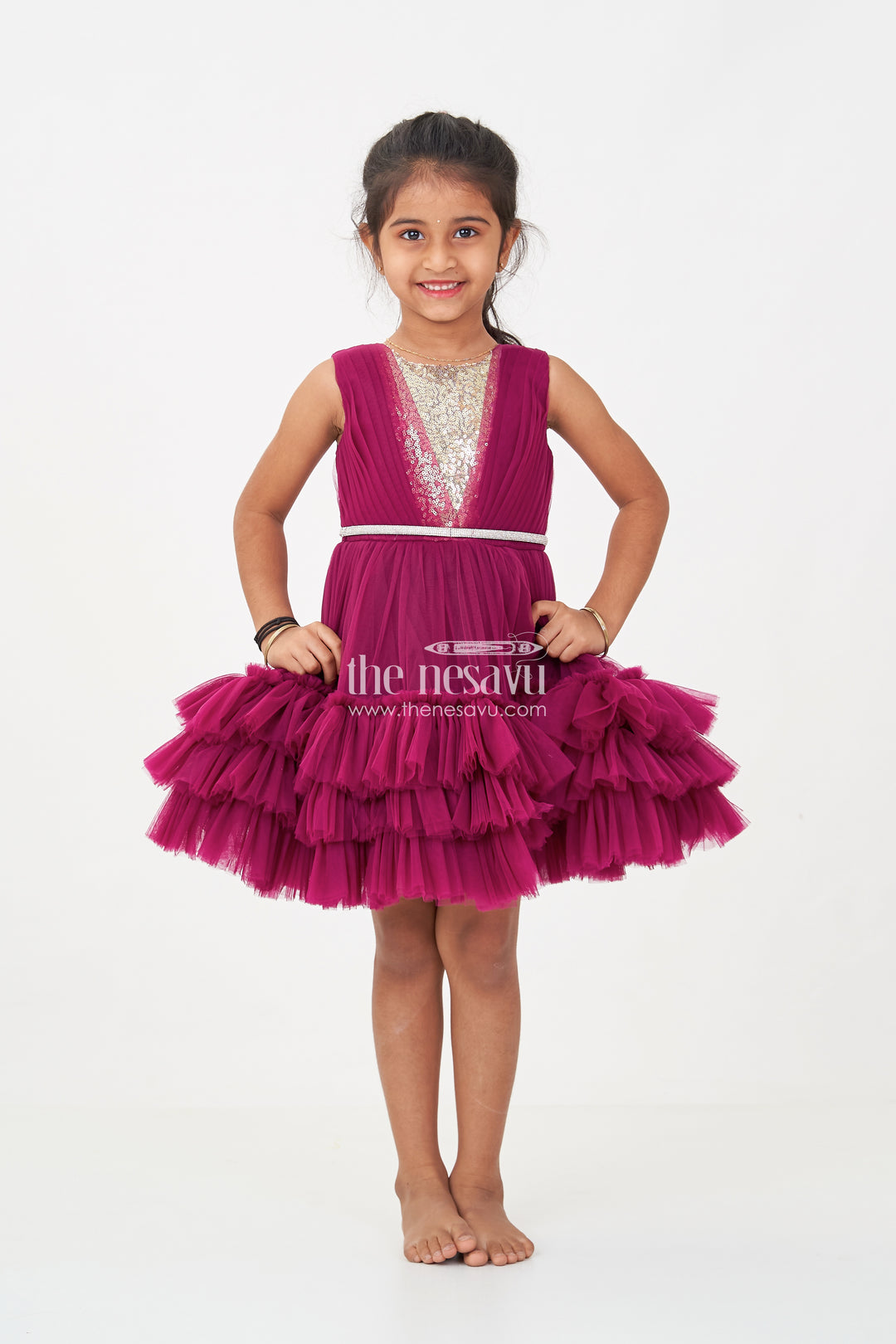 Girls Elegant Purple Cocktail Party Dress with Ruffled Layers and Sequin Embellishments