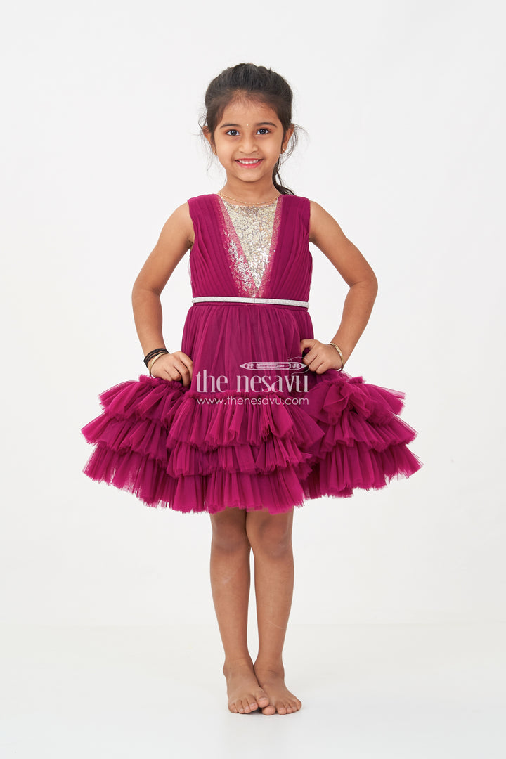 Girls Elegant Purple Cocktail Party Dress with Ruffled Layers and Sequin Embellishments