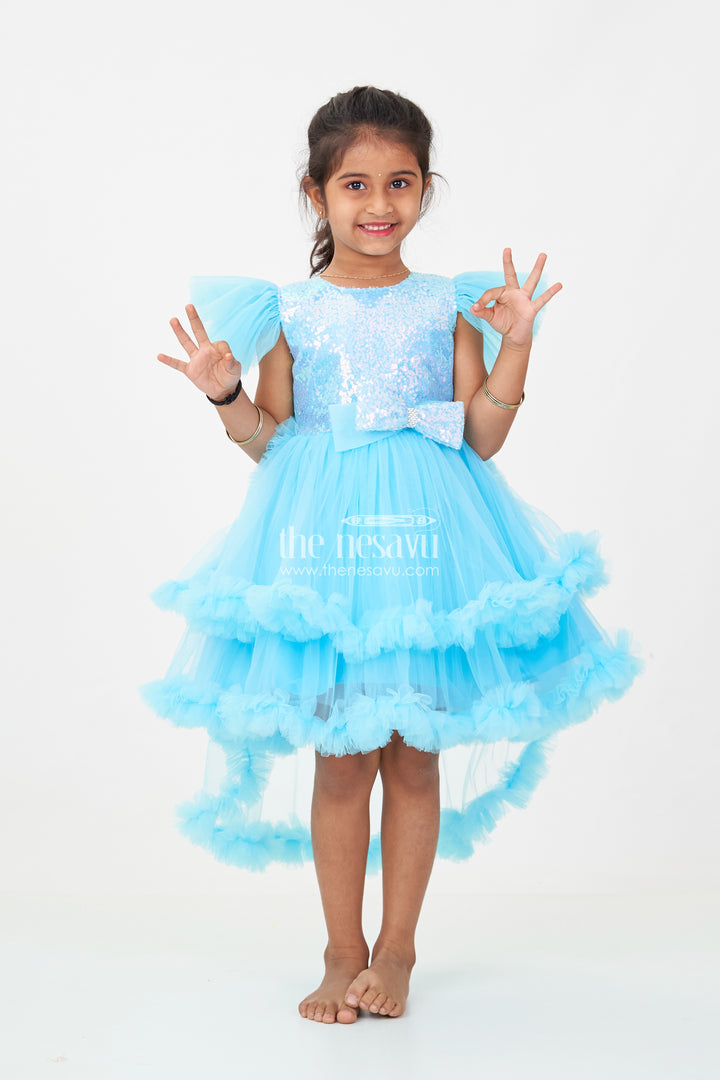 Girls Blue Party Dress with Sequin Bodice and High-Low Ruffled Hem