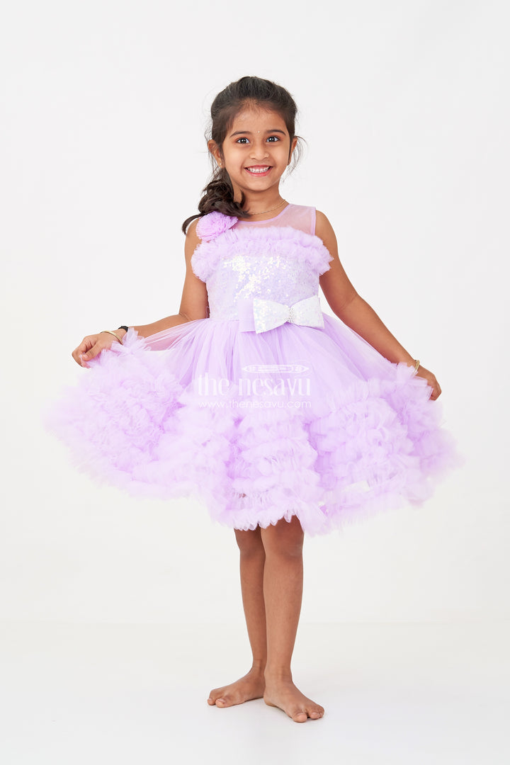 Elegant Purple Short Party Frock for Girls with Sequin Bodice and Ruffled Layers
