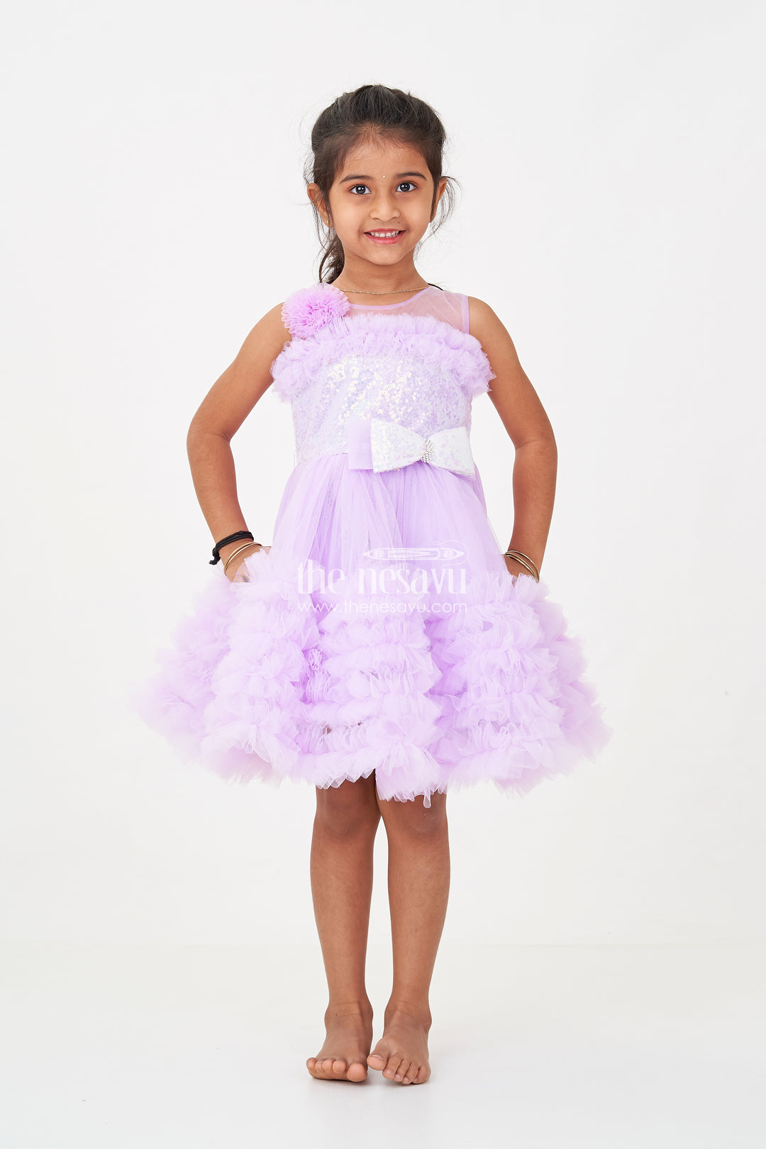 Elegant Purple Short Party Frock for Girls with Sequin Bodice and Ruffled Layers