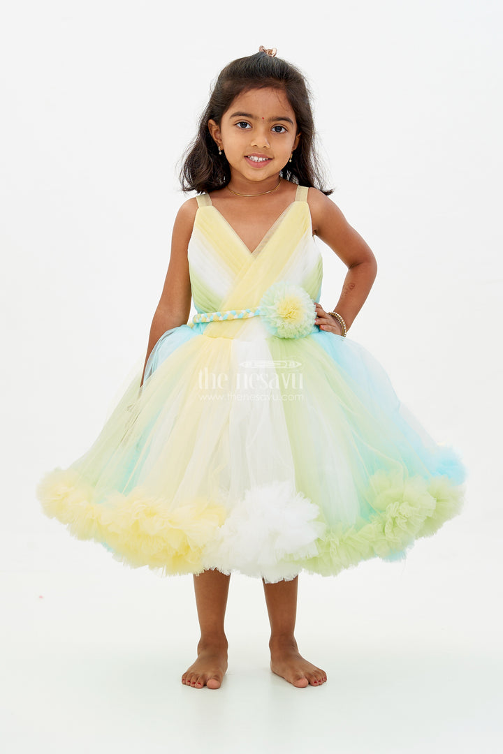 Whimsical Net Frock for Girls with Multicolor Layers and Ruffled Tutu Design