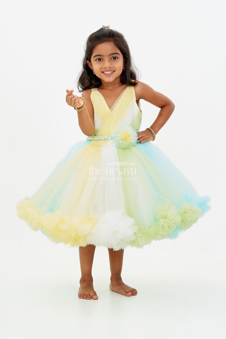 Whimsical Net Frock for Girls with Multicolor Layers and Ruffled Tutu Design