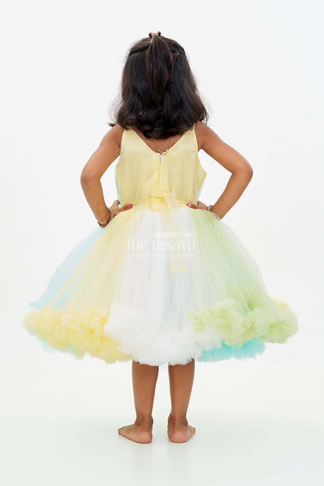 Whimsical Net Frock for Girls with Multicolor Layers and Ruffled Tutu Design