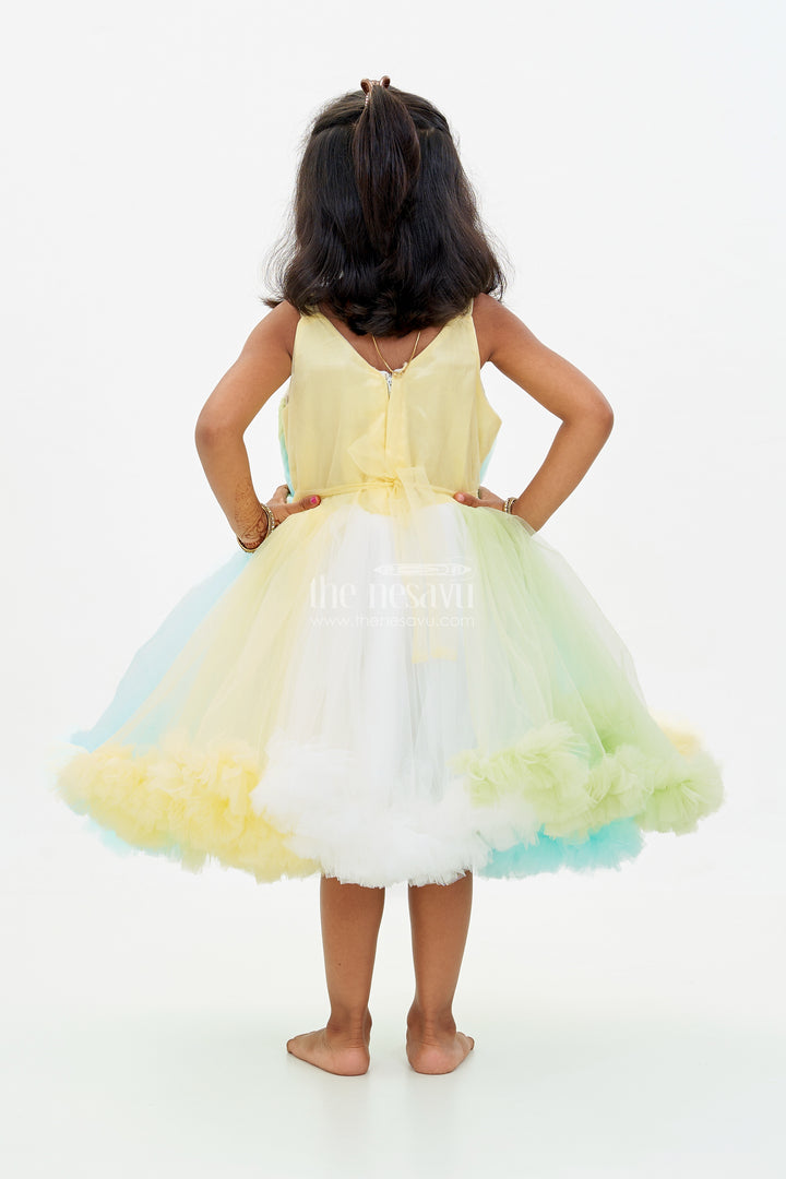 Whimsical Net Frock for Girls with Multicolor Layers and Ruffled Tutu Design