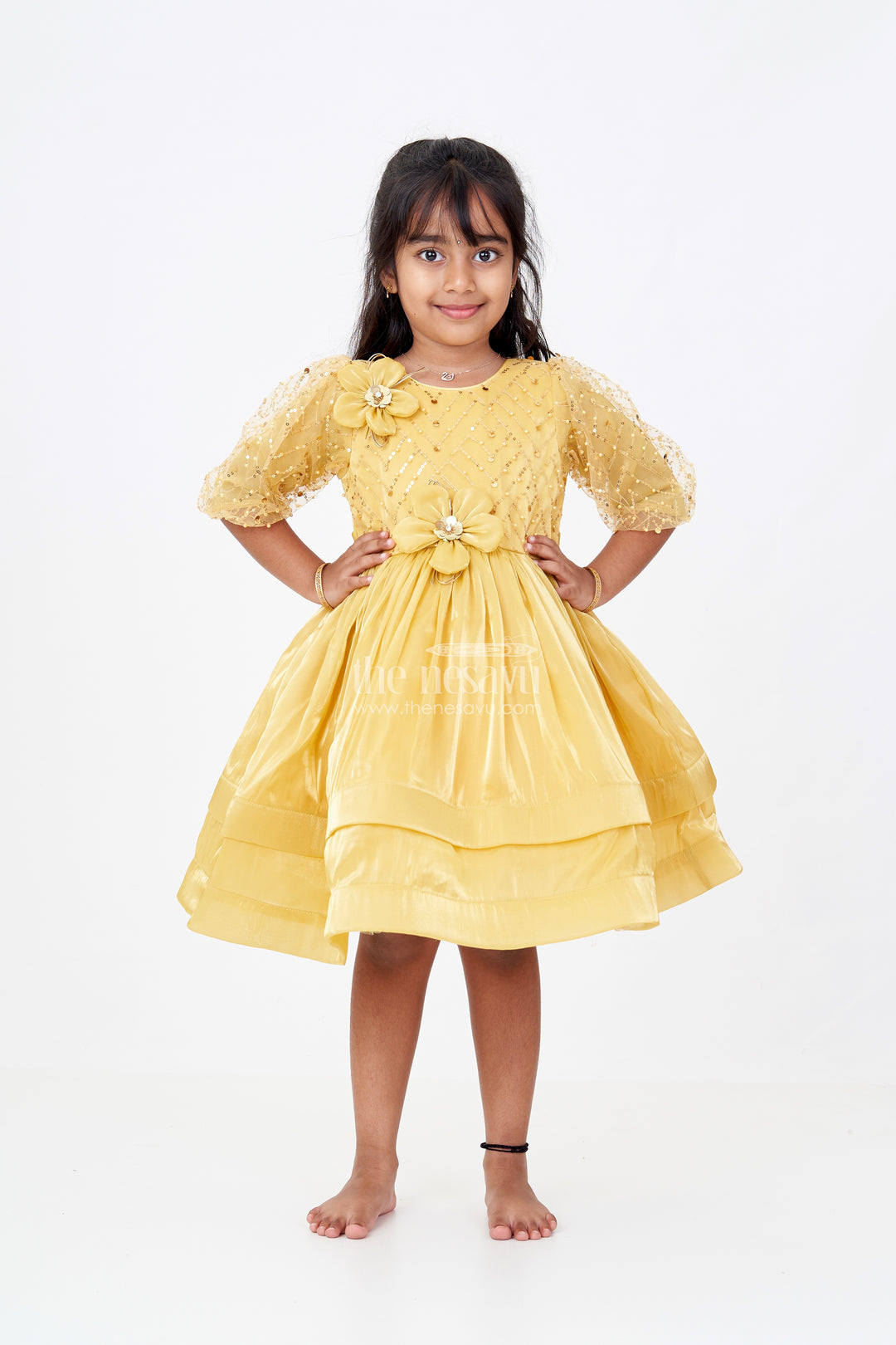 Girls Birthday Party Frock with Floral Embellishments and Puffy Sleeves in Golden Hue