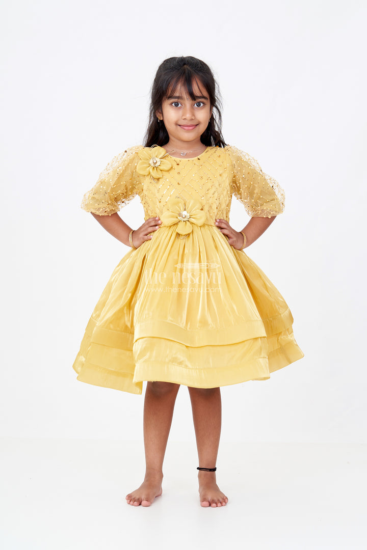 Girls Birthday Party Frock with Floral Embellishments and Puffy Sleeves in Golden Hue