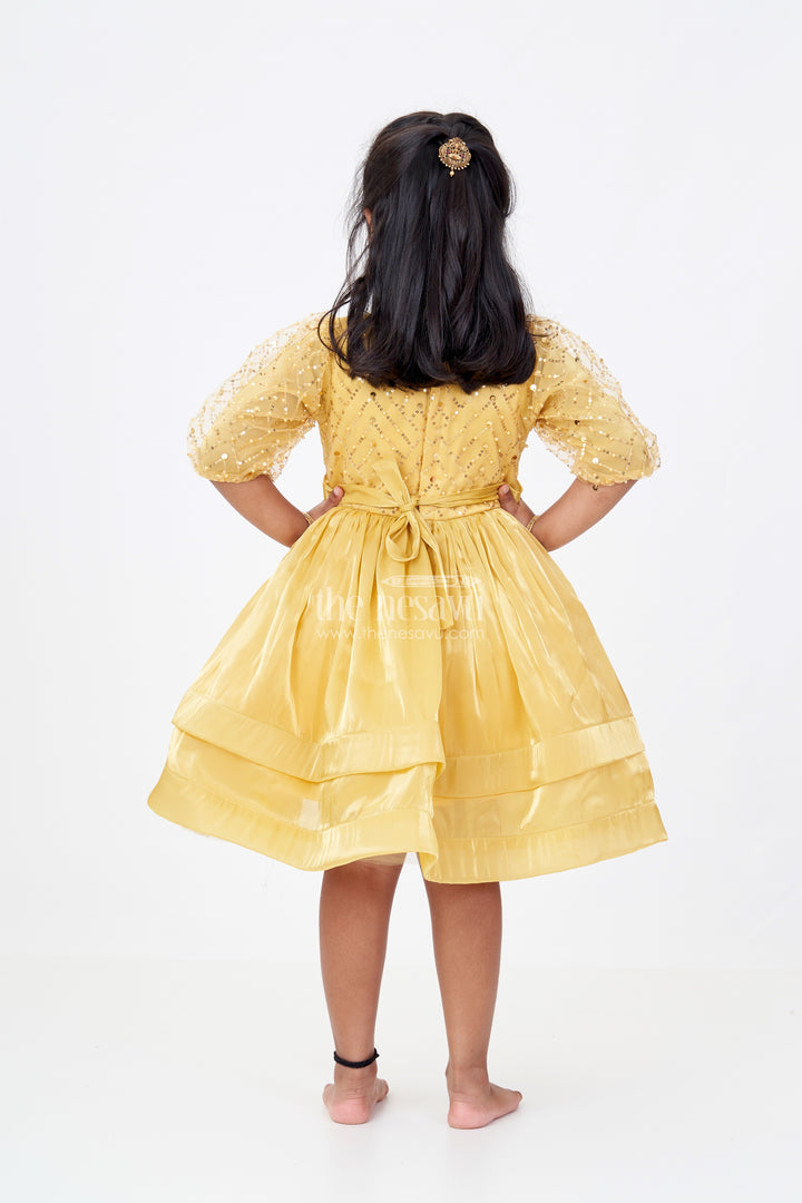 Girls Birthday Party Frock with Floral Embellishments and Puffy Sleeves in Golden Hue
