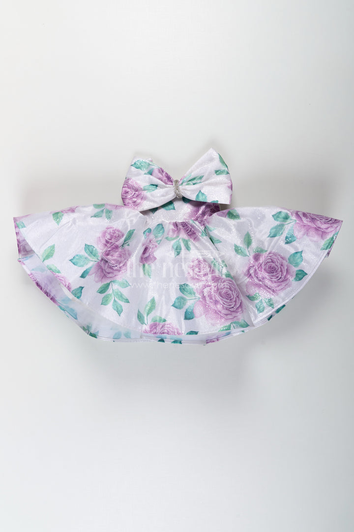 Baby Girls Lavender Party Dress in Organza Shimmer with Digital Floral Print and Bow Accent