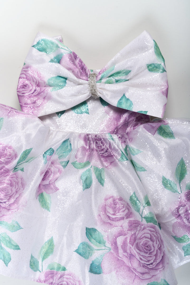 Baby Girls Lavender Party Dress in Organza Shimmer with Digital Floral Print and Bow Accent