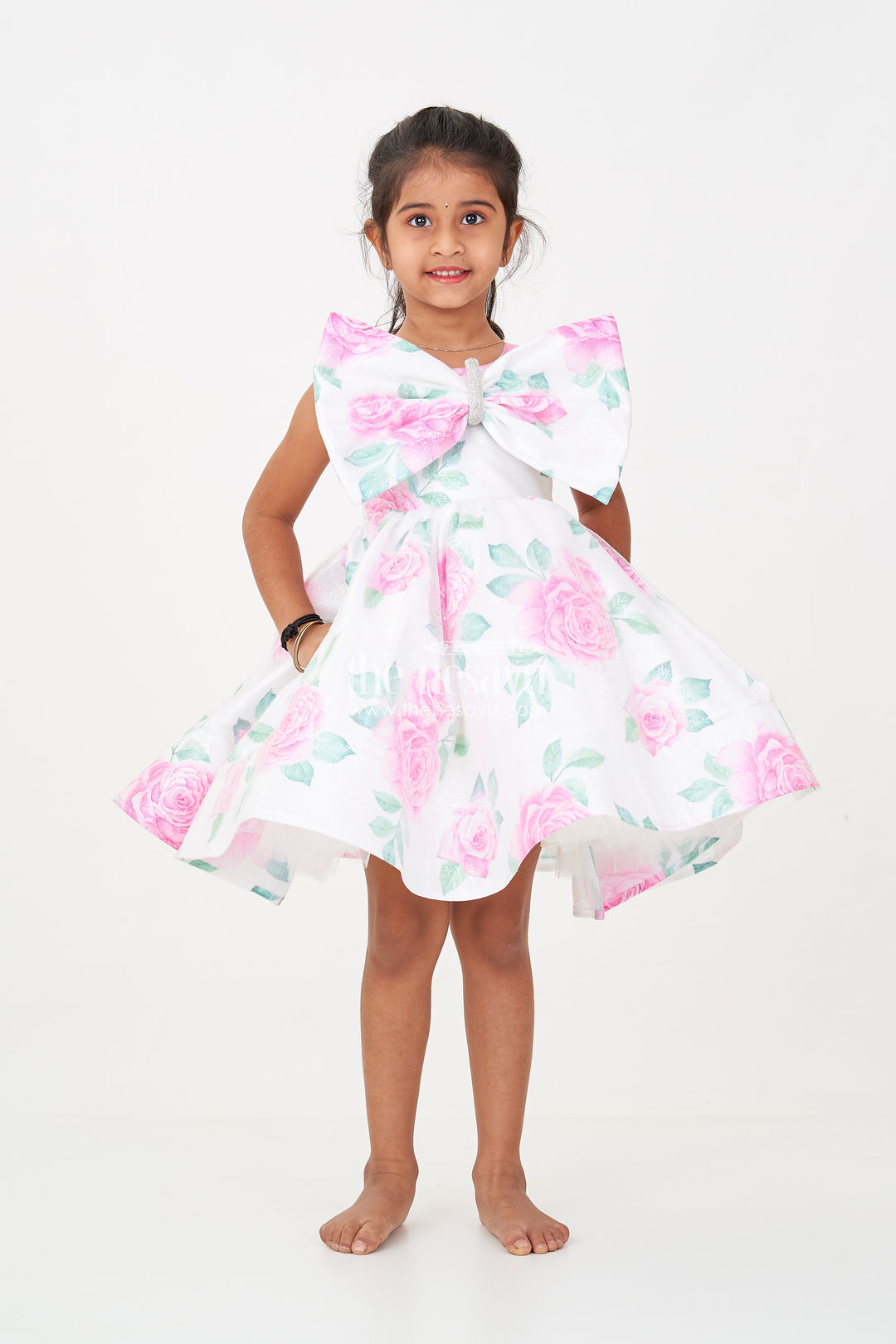 Baby Girls Lavender Party Dress in Organza Shimmer with Digital Floral Print and Bow Accent
