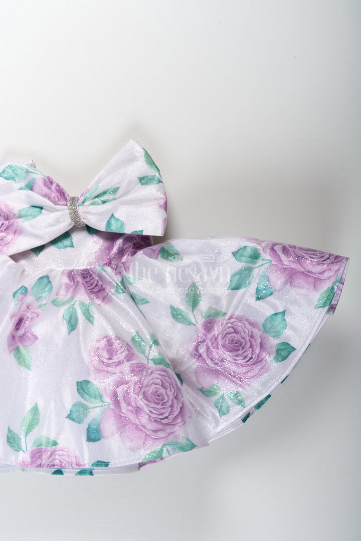 Baby Girls Lavender Party Dress in Organza Shimmer with Digital Floral Print and Bow Accent