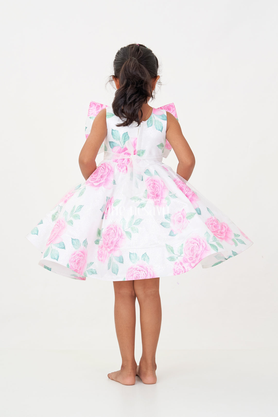 Baby Girls Lavender Party Dress in Organza Shimmer with Digital Floral Print and Bow Accent