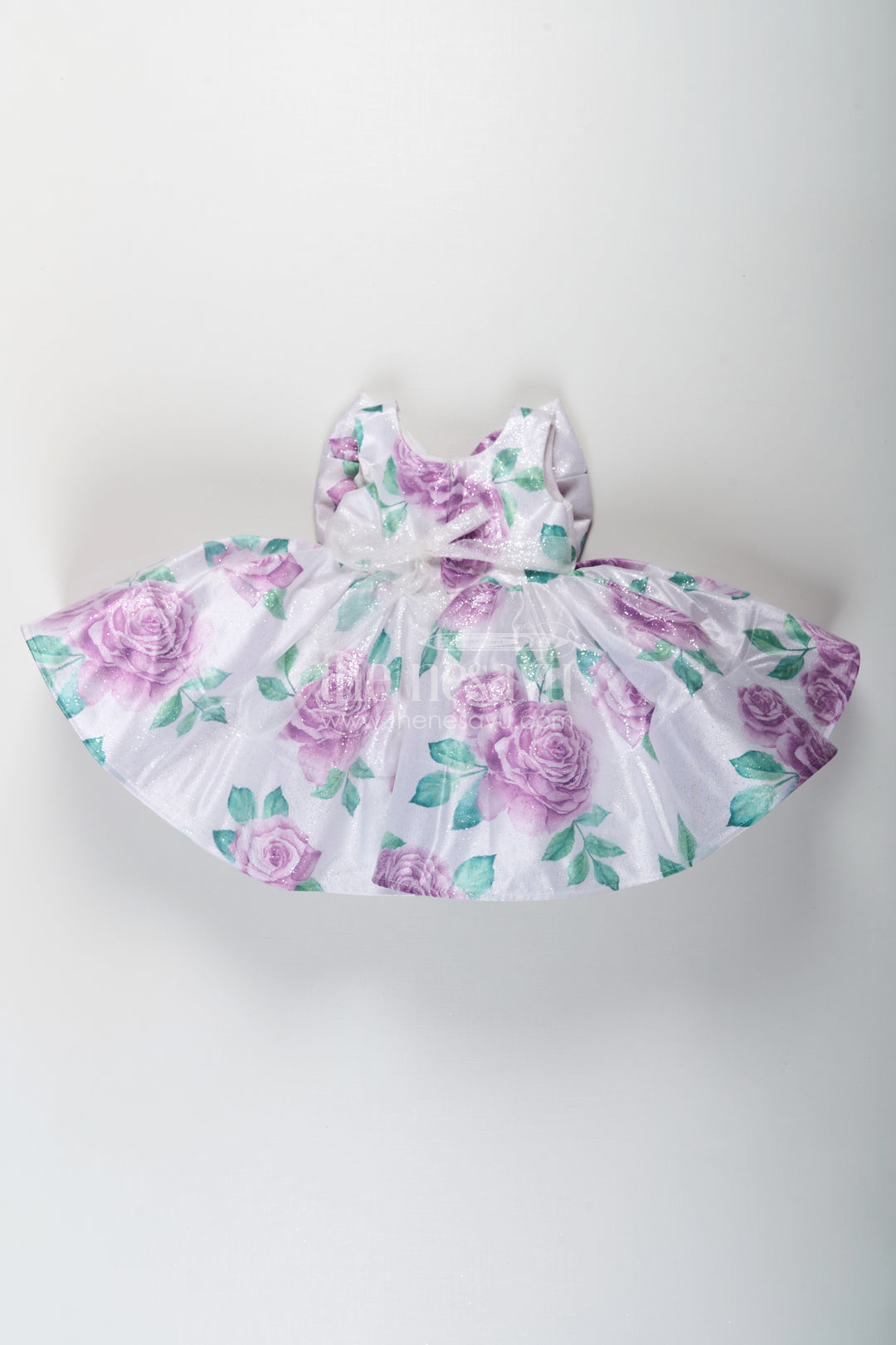 Baby Girls Lavender Party Dress in Organza Shimmer with Digital Floral Print and Bow Accent