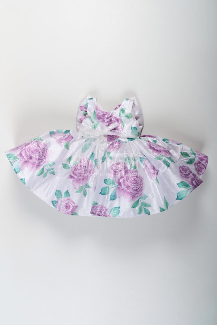 Baby Girls Lavender Party Dress in Organza Shimmer with Digital Floral Print and Bow Accent