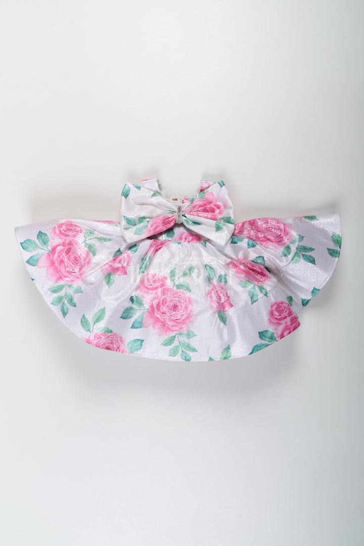 Girls Trendy Frocks in Satin Glitter with Floral Digital Print and Statement Bow
