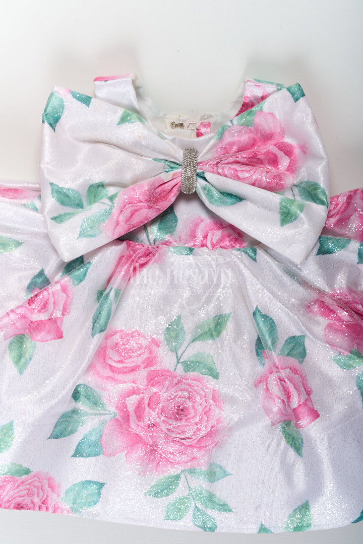 Girls Trendy Frocks in Satin Glitter with Floral Digital Print and Statement Bow