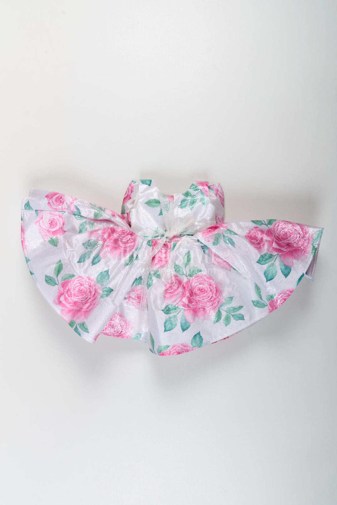 Girls Trendy Frocks in Satin Glitter with Floral Digital Print and Statement Bow