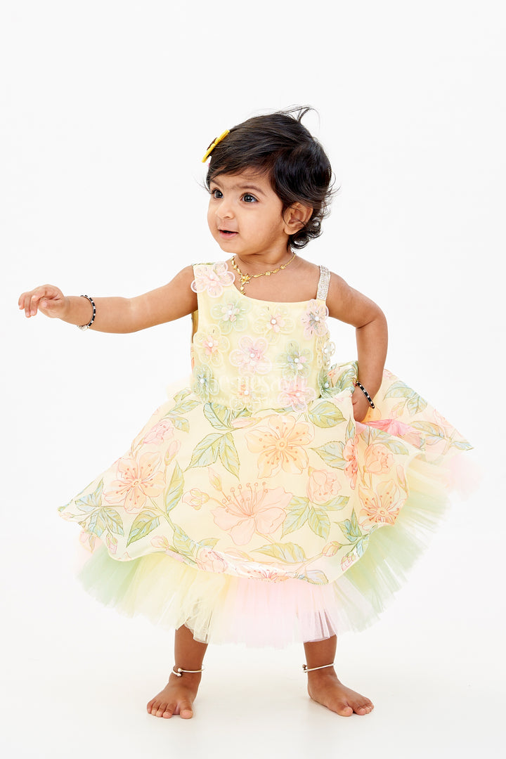 Baby Girls Gown Frock in Satin Organza with Floral 3D Appliqué and Layered Tulle Skirt