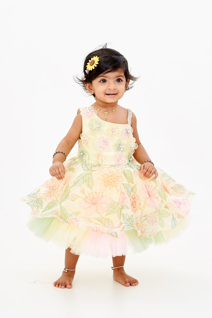 Baby Girls Gown Frock in Satin Organza with Floral 3D Appliqué and Layered Tulle Skirt