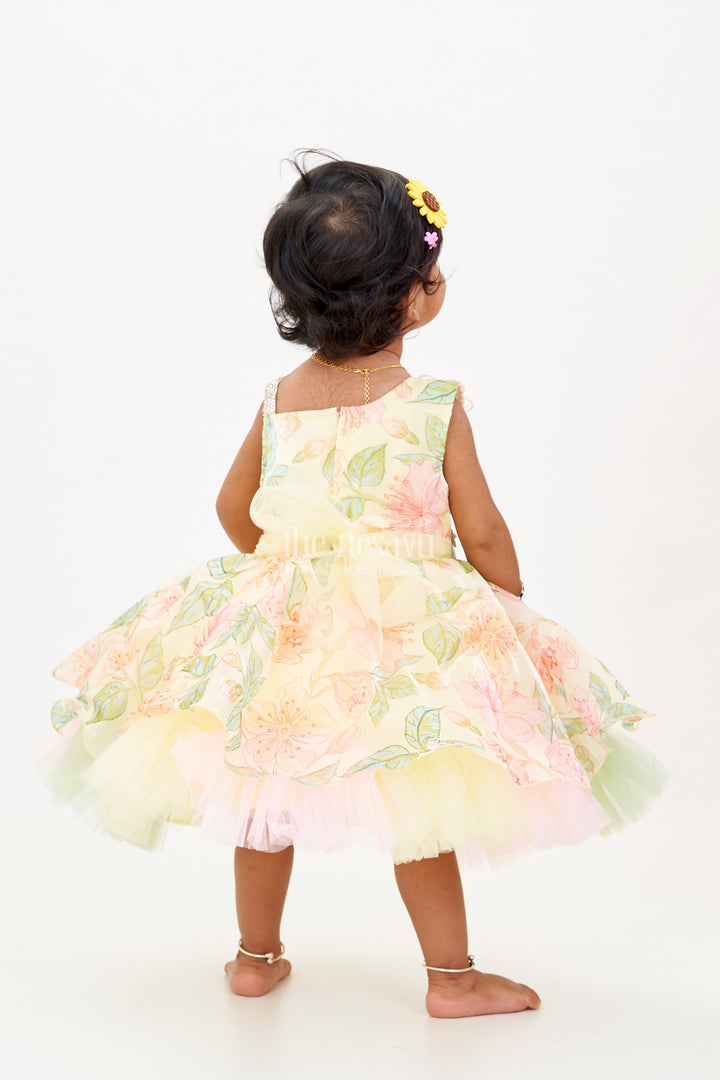 Baby Girls Gown Frock in Satin Organza with Floral 3D Appliqué and Layered Tulle Skirt