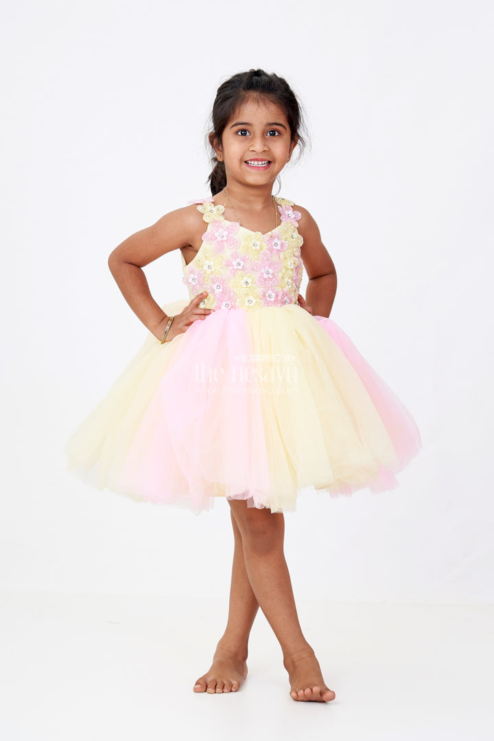 Girls New Party Frock Design in Soft Net with Floral Brooches Embellished Yoke and Fluffy Layers