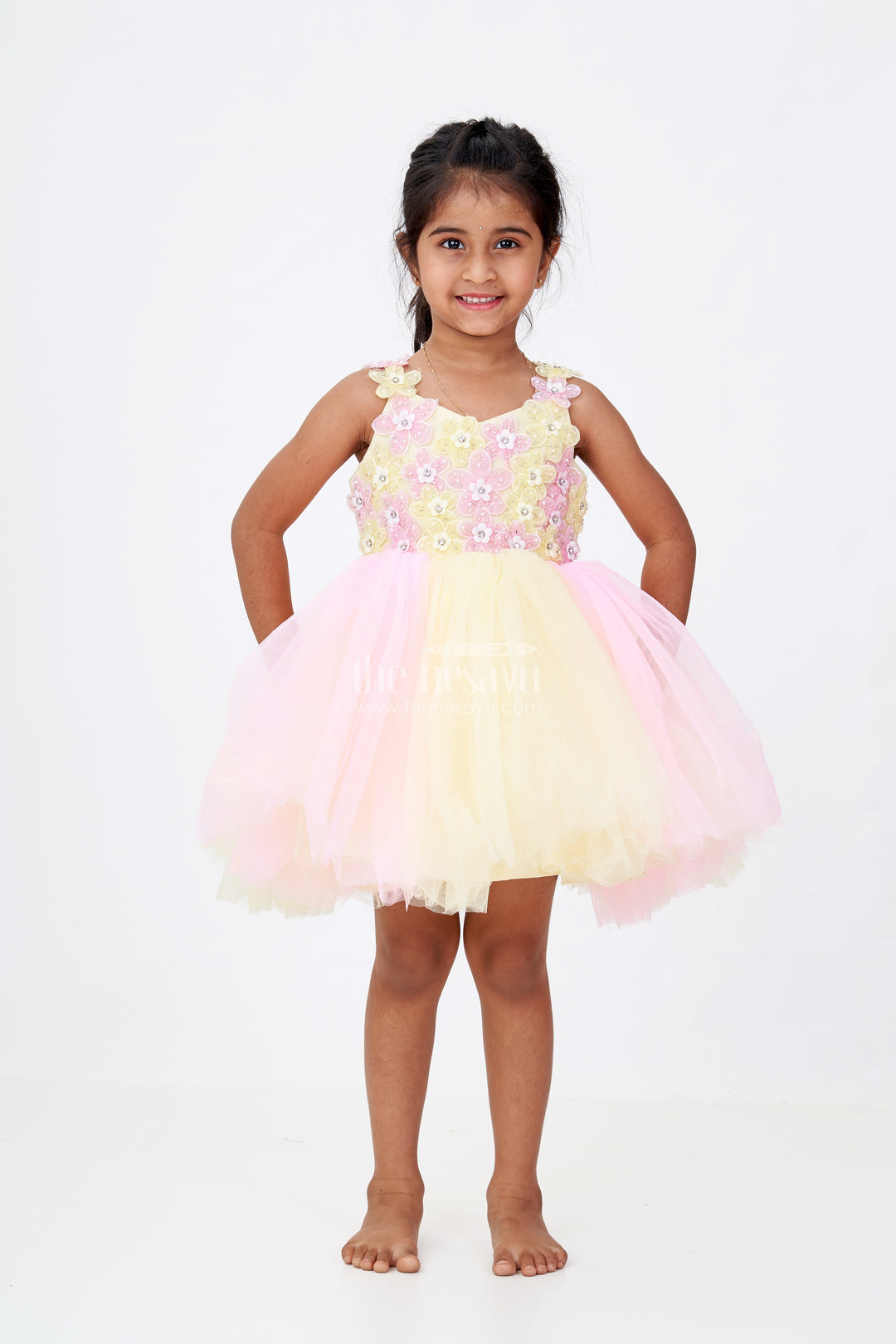 Girls New Party Frock Design in Soft Net with Floral Brooches Embellished Yoke and Fluffy Layers