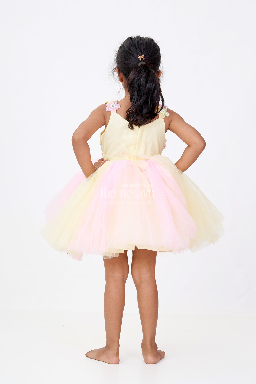 Girls New Party Frock Design in Soft Net with Floral Brooches Embellished Yoke and Fluffy Layers