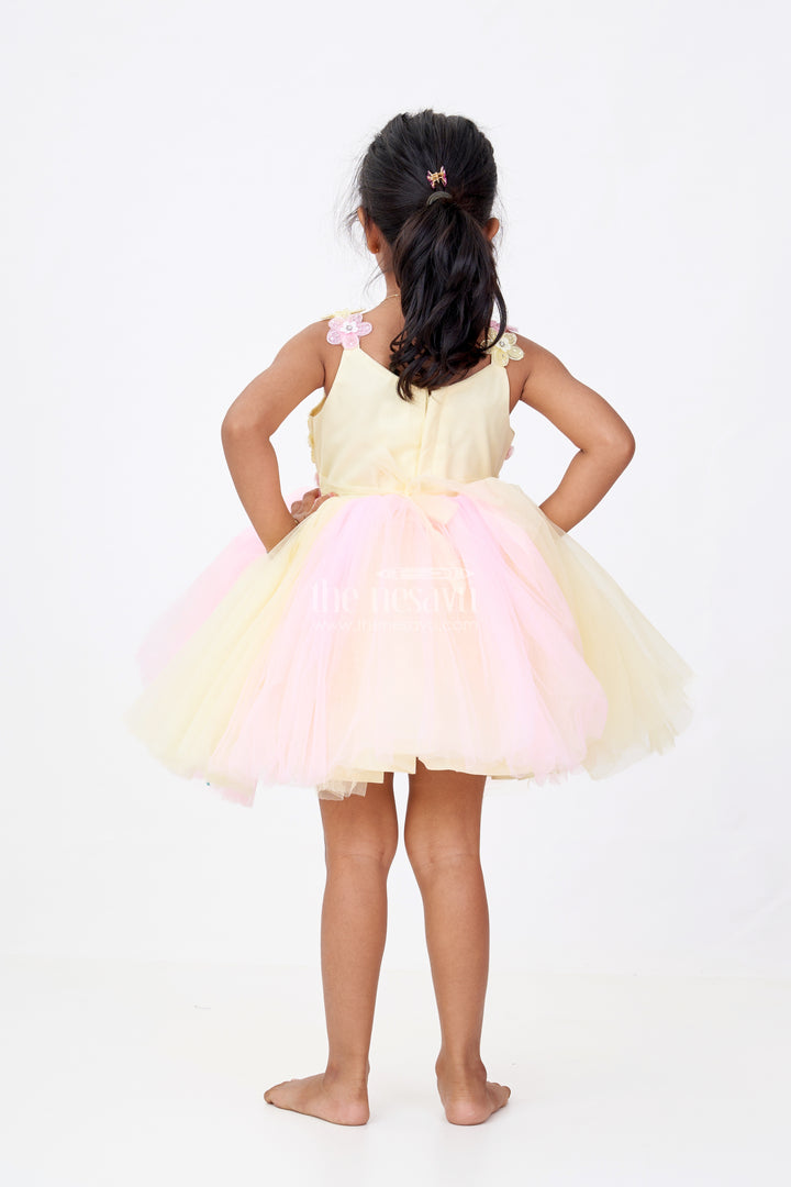 Girls New Party Frock Design in Soft Net with Floral Brooches Embellished Yoke and Fluffy Layers