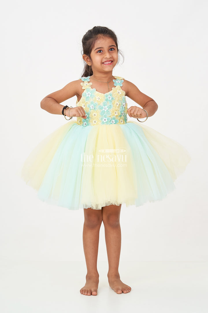 Reception Dress Frock for Girls in Soft Net with Floral Brooch Embellished Yoke and Tulle Layers