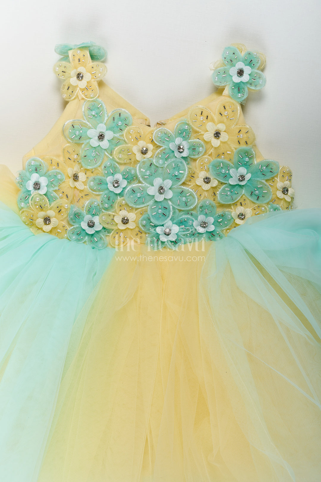 Reception Dress Frock for Girls in Soft Net with Floral Brooch Embellished Yoke and Tulle Layers