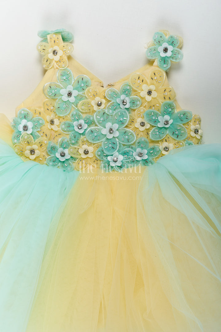 Reception Dress Frock for Girls in Soft Net with Floral Brooch Embellished Yoke and Tulle Layers