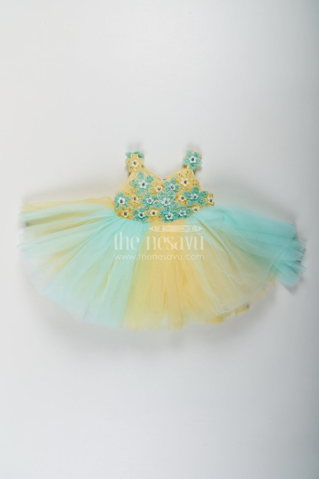 Reception Dress Frock for Girls in Soft Net with Floral Brooch Embellished Yoke and Tulle Layers