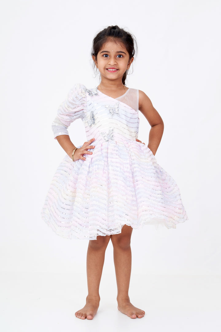 Girls Butterfly Party Dress in Multicolor Soft Net with Sequins and Butterfly Brooch Embellishment