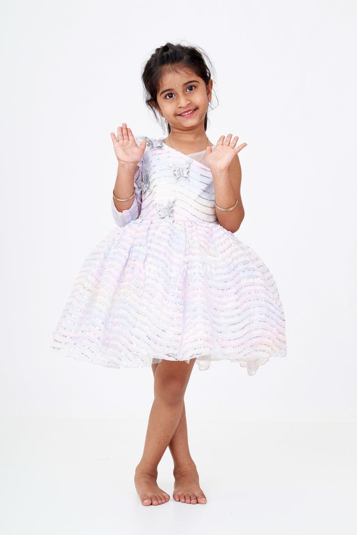 Girls Butterfly Party Dress in Multicolor Soft Net with Sequins and Butterfly Brooch Embellishment