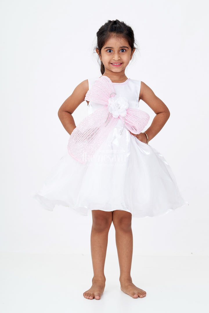 Girls Shiny Party Dresses in Cream Satin with Sequin Embroidered Bow and Floral Centerpiece Accent